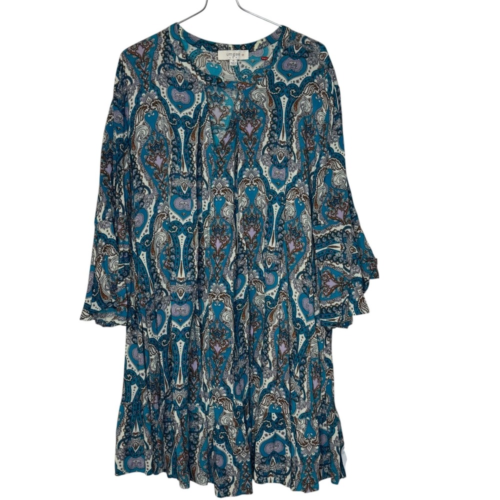 UMGEE Womens Mini Dress Floral Flare Sleeves Teal White Paisley WA3110 XL